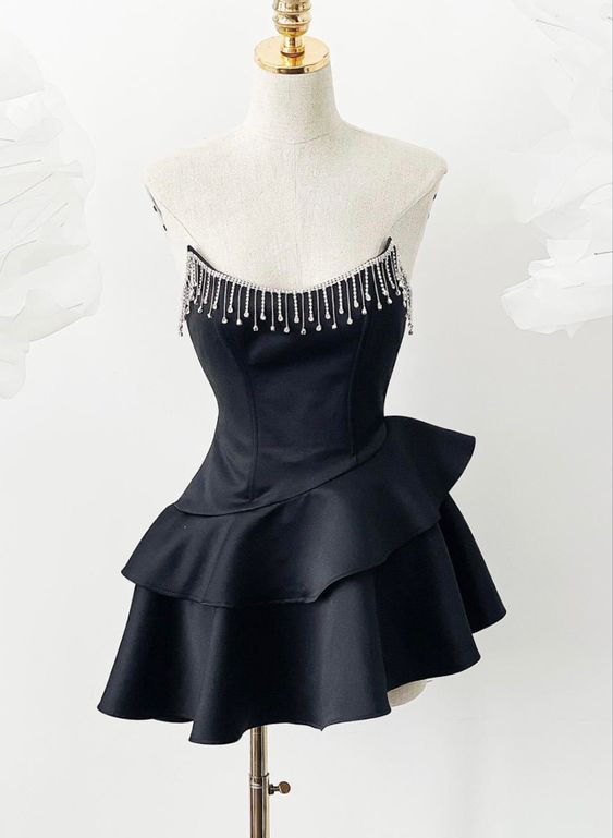 Unique A Line Strapless Black Layer Satin Beaded Short Homecoming Dress 19th Birthday Outfits