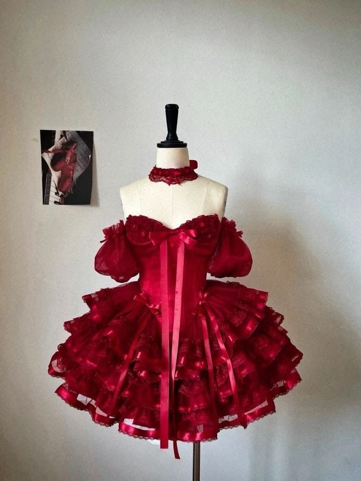 Vintage Ball Gown Red Off The Shoulder Layer Satin Lace Short Homecoming Dress 16th Birthday Outfits