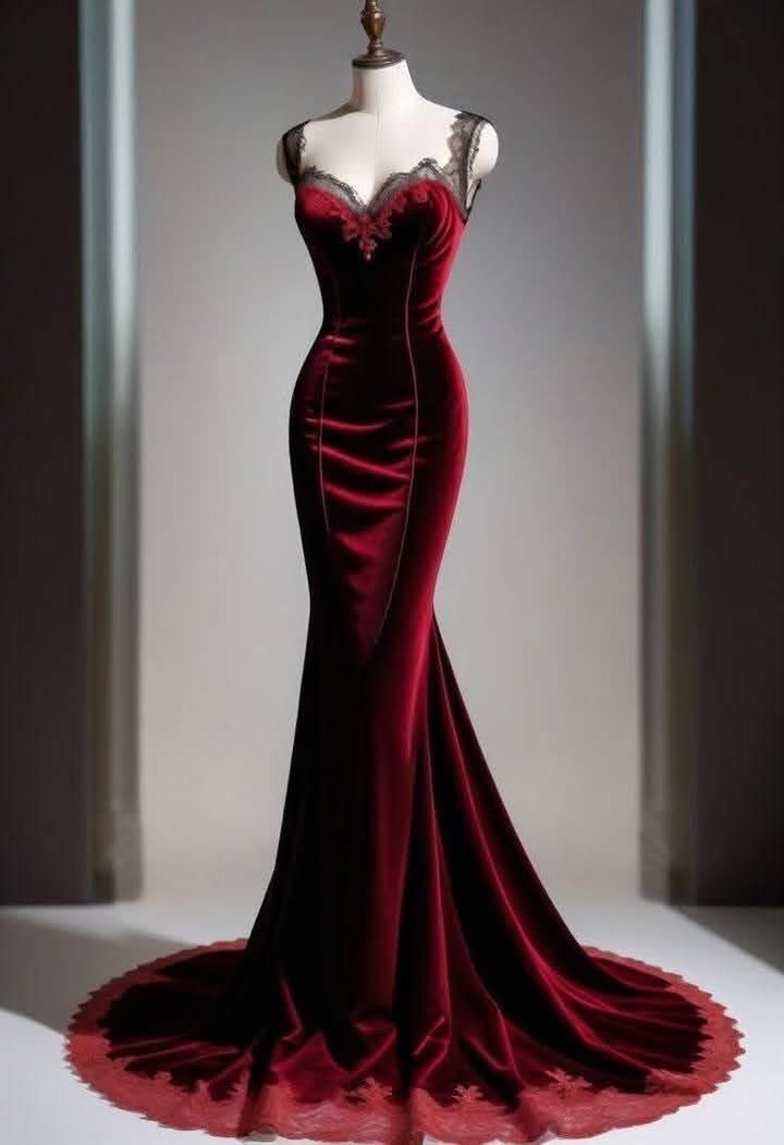 Sexy Mermaid Sweetheart Burgundy Velvet Lace Long Prom Dresses Formal Dress
