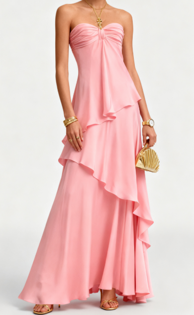Pretty A Line Strapless Satin Ruffle Long Prom Dresses Formal Dress