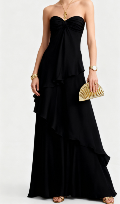 Pretty A Line Strapless Satin Ruffle Long Prom Dresses Formal Dress