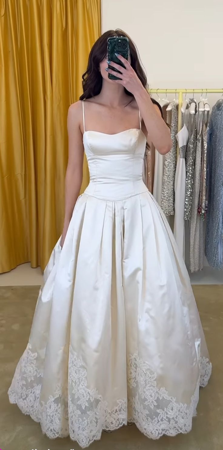 Pretty A Line Spaghetti Straps Stain Lace Long Prom Dresses Formal Dress