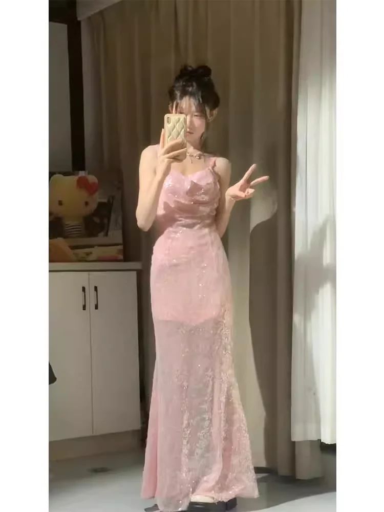 Classy Mermaid Spaghetti Straps Pink Satin Sequin Long Prom Dress,Formal Dress