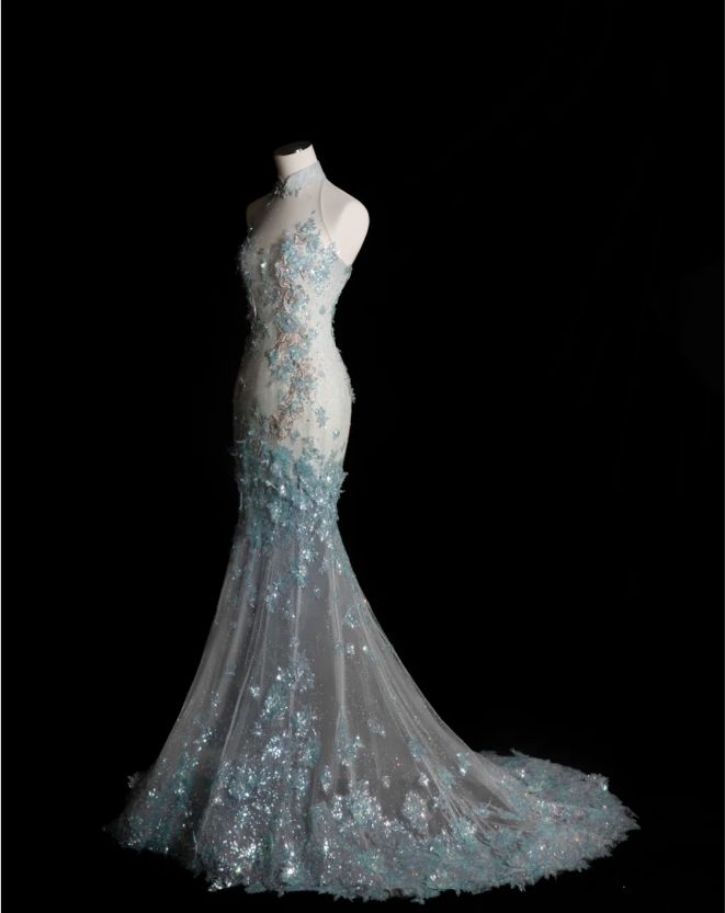 Style Classy Chinese Neck Mermaid Tulle Sequin Applique Long Prom Dress,Formal Dress