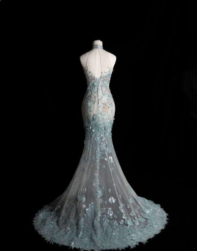 Style Classy Chinese Neck Mermaid Tulle Sequin Applique Long Prom Dress,Formal Dress