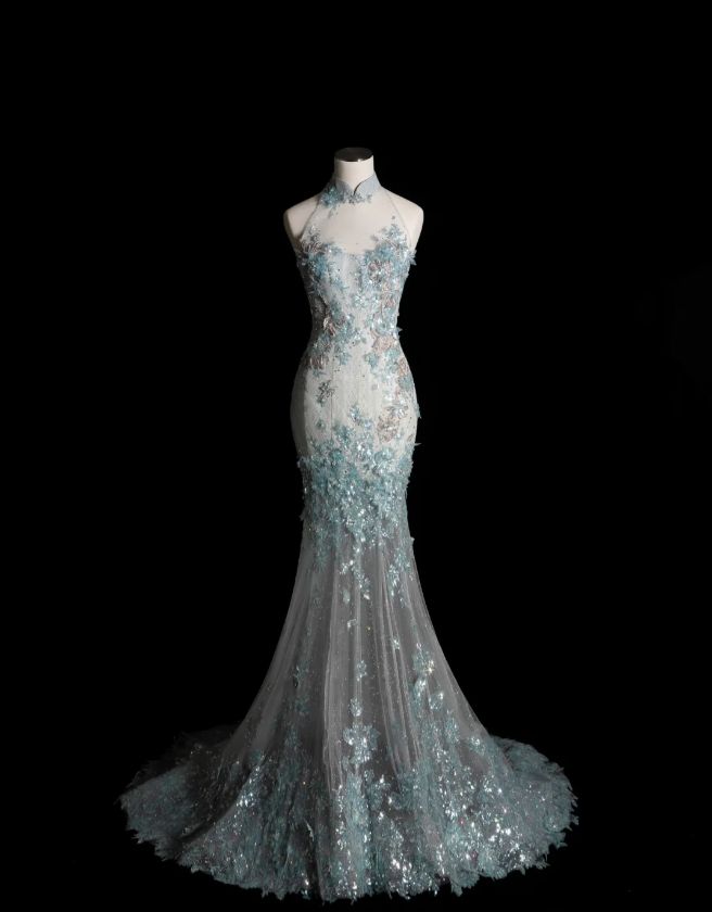 Style Classy Chinese Neck Mermaid Tulle Sequin Applique Long Prom Dress,Formal Dress