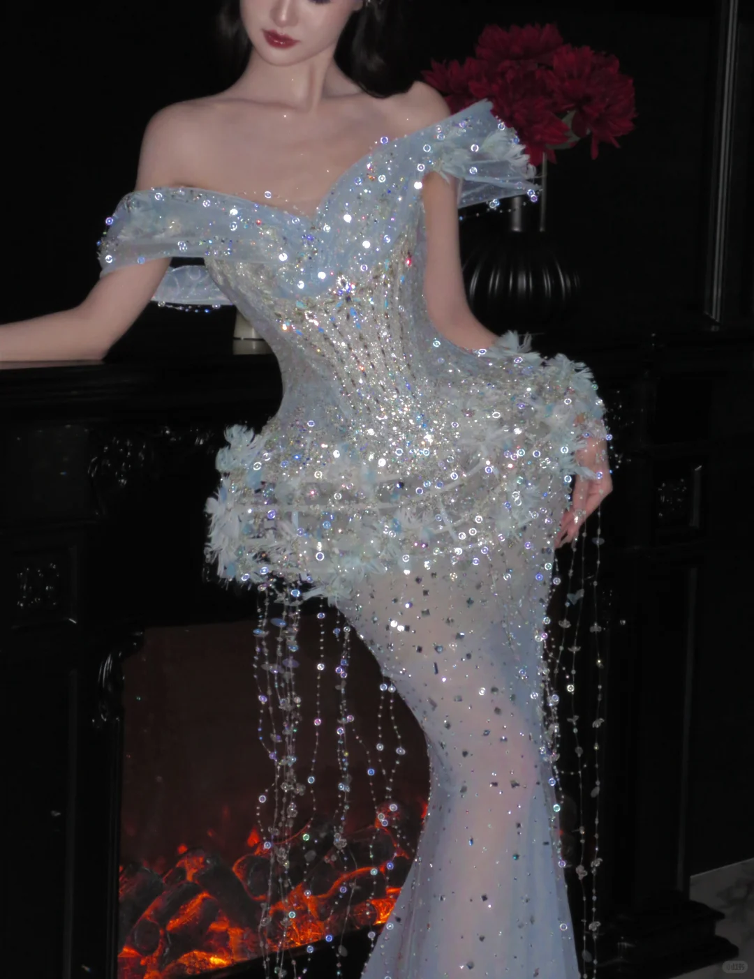Romantic Mermaid Off The Shoulder Tulle Sequin Tassel Long Prom Dress,Formal Dress
