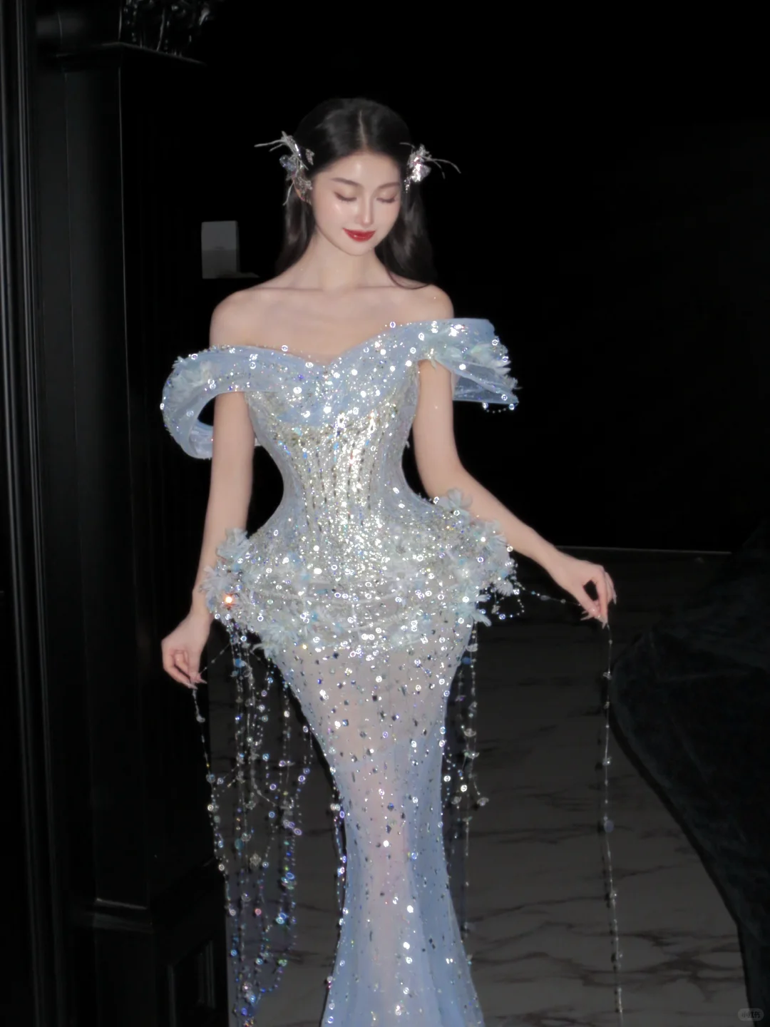 Romantic Mermaid Off The Shoulder Tulle Sequin Tassel Long Prom Dress,Formal Dress