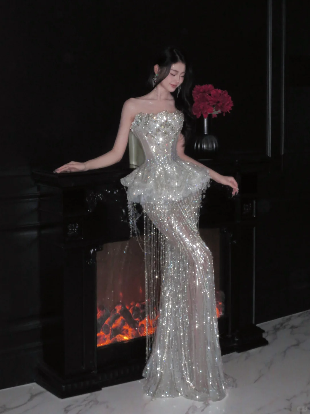 Luxurious Mermaid Strapless Tulle Sequin Tassel Long Prom Dress,Formal Dress
