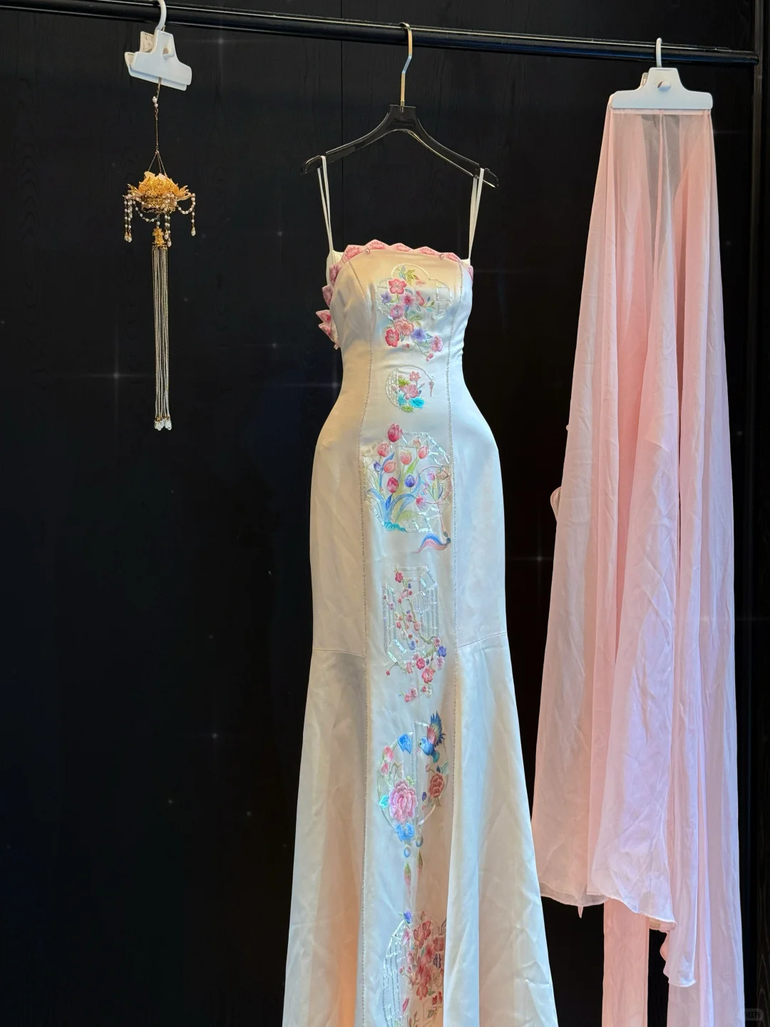 Modest Mermaid Spaghetti Straps Satin Embroidery Long Prom Dress,Formal Dress