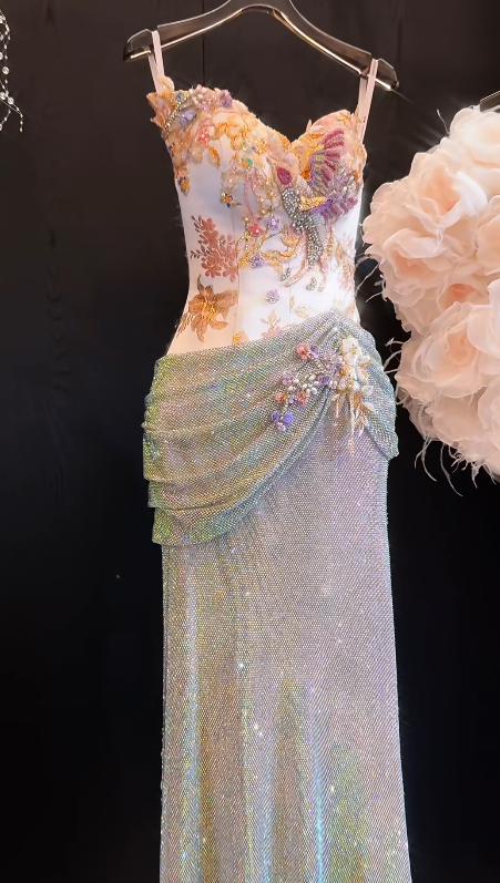 Luxurious Mermaid Spaghetti Straps Satin Sequin Beads Long Prom Dress,Formal Dress