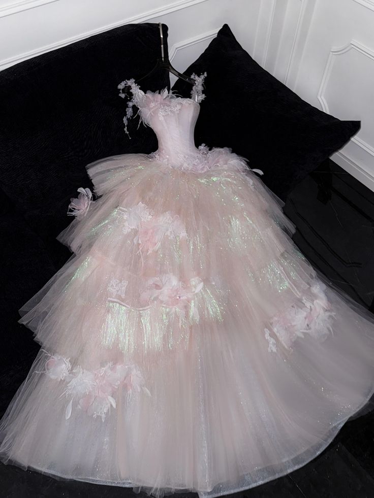 Sweet Ball Gown Spaghetti Straps Pink Tulle Applique Long Prom Dress,Formal Dress