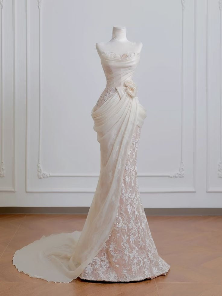 Fairy Mermaid Strapless Chiffon Lace Long Prom Dress,Formal Dress