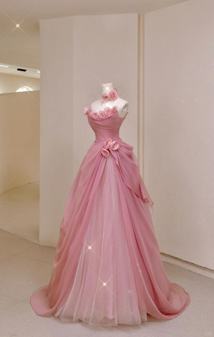 Princess Ball Gown Strapless Chiffon Tulle With Flowers Long Prom Dress,Formal Dress