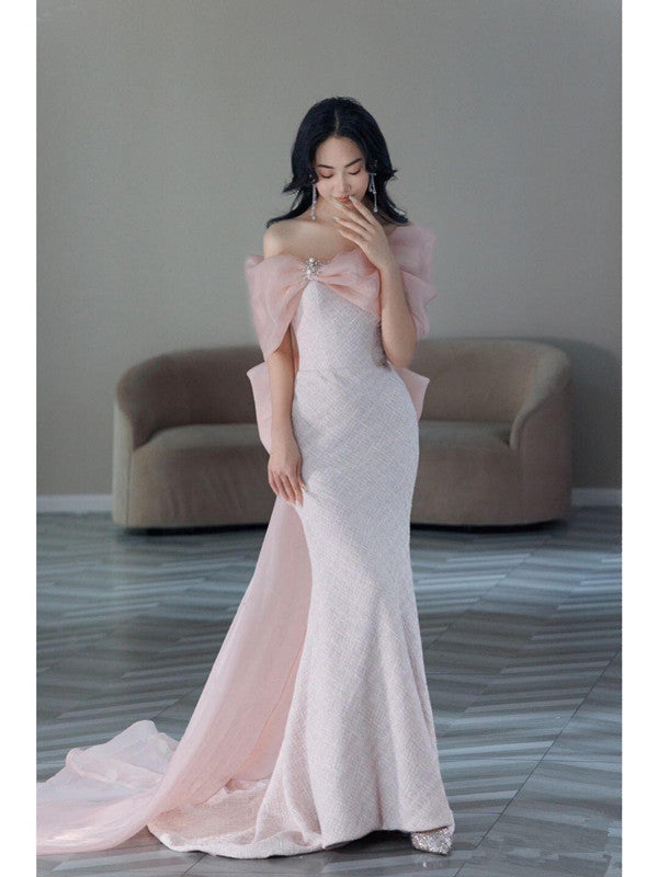 Pretty Mermaid Strapless Pink Sequin Long Evening Dress Prom Dresses With Bow