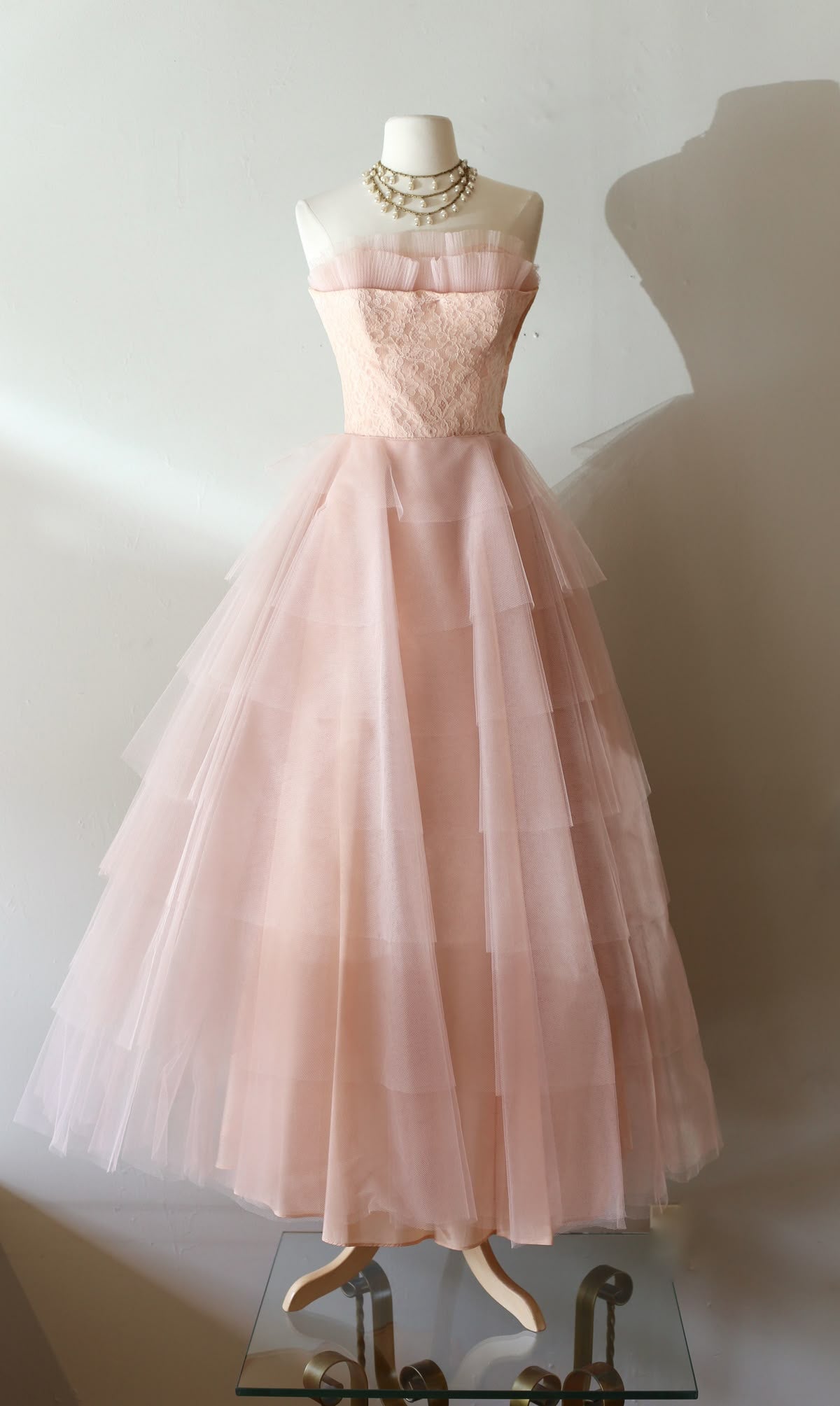 Eelgant A Line Strapless Layer Tulle Lace Long Prom Dress,Formal Dress