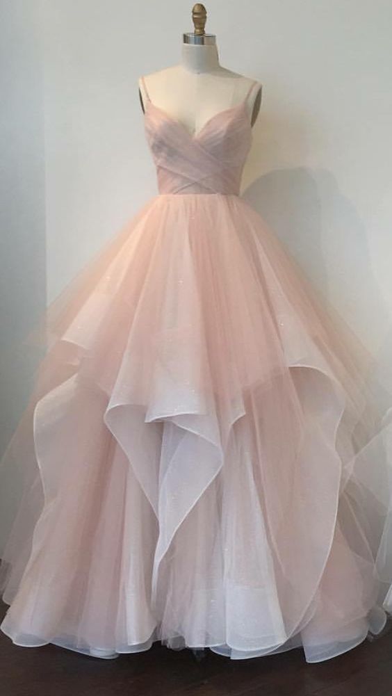 Sexy Ball Gown Straps Pink Tulle Long Prom Dresses