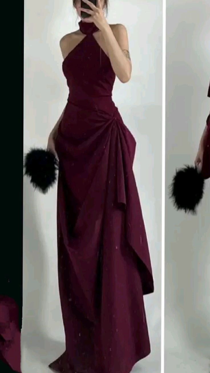 Chic A Line Halter Satin Pleated Long Prom Dress,Formal Dress