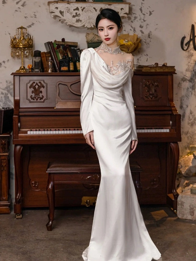 Vintage Mermaid High Neckline Long Sleeves Satin Lace Long White Wedding Dresses