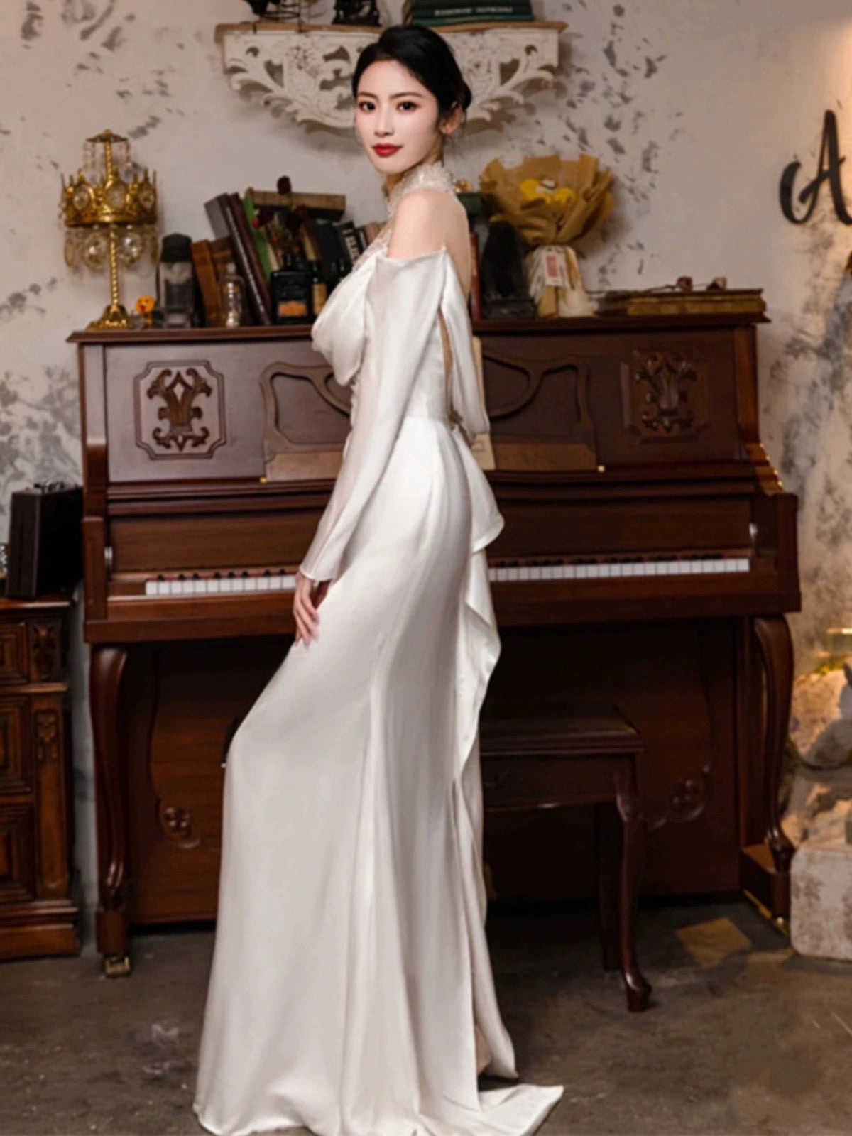 Vintage Mermaid High Neckline Long Sleeves Satin Lace Long White Wedding Dresses