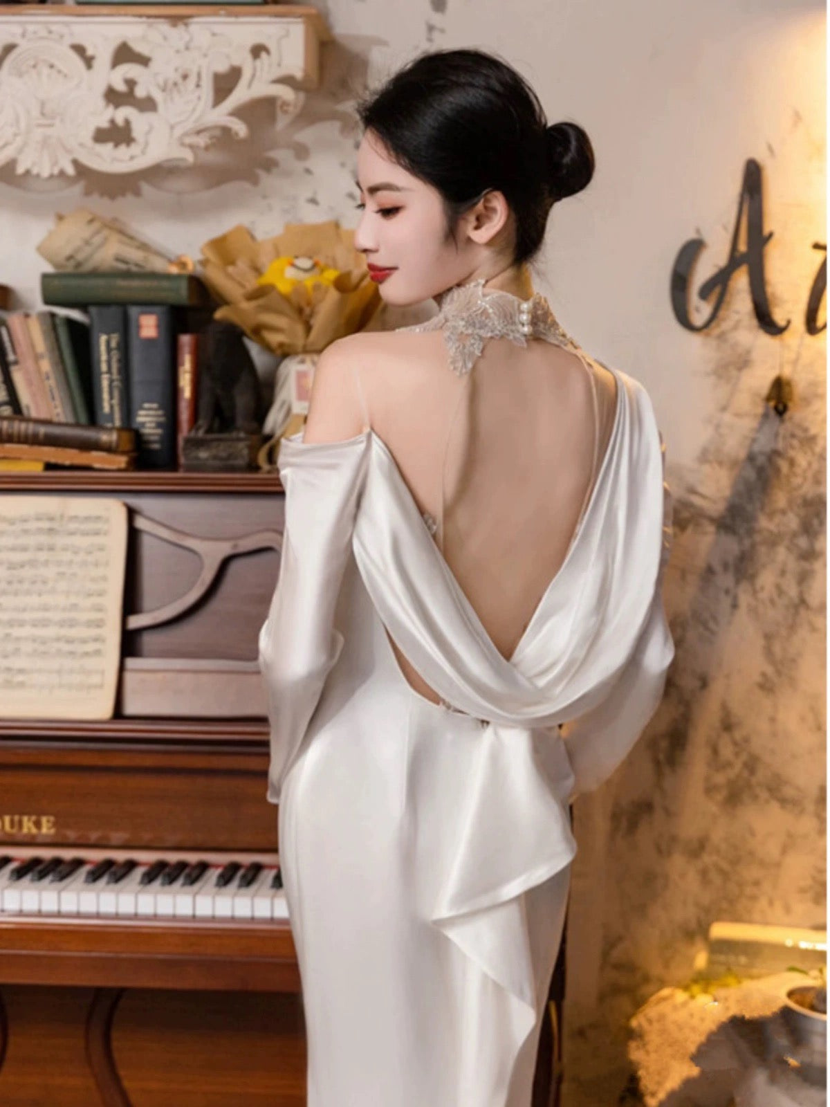 Vintage Mermaid High Neckline Long Sleeves Satin Lace Long White Wedding Dresses