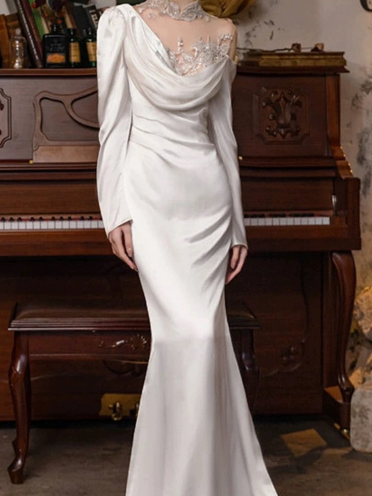 Vintage Mermaid High Neckline Long Sleeves Satin Lace Long White Wedding Dresses