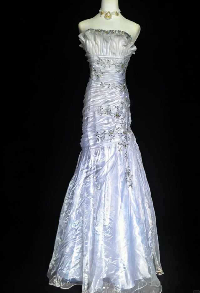 Elegant Strapless White Tulle Beaded Mermaid Long Party Dress Birthday Prom Dress