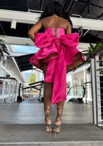 Gorgeous Hot Pink Satin Beaded Homecoming Dress Short Birthday Dress With Bow