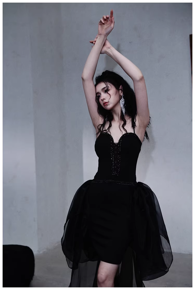 Gorgeous Black Organza Satin Beaded Long Party Dress Birthday Evening Dress