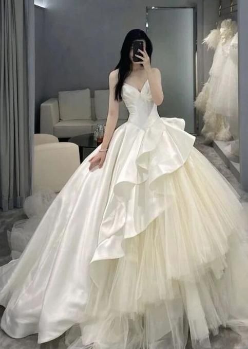 Sexy V Neck Formal Long Satin Lace Long White Wedding Dresses