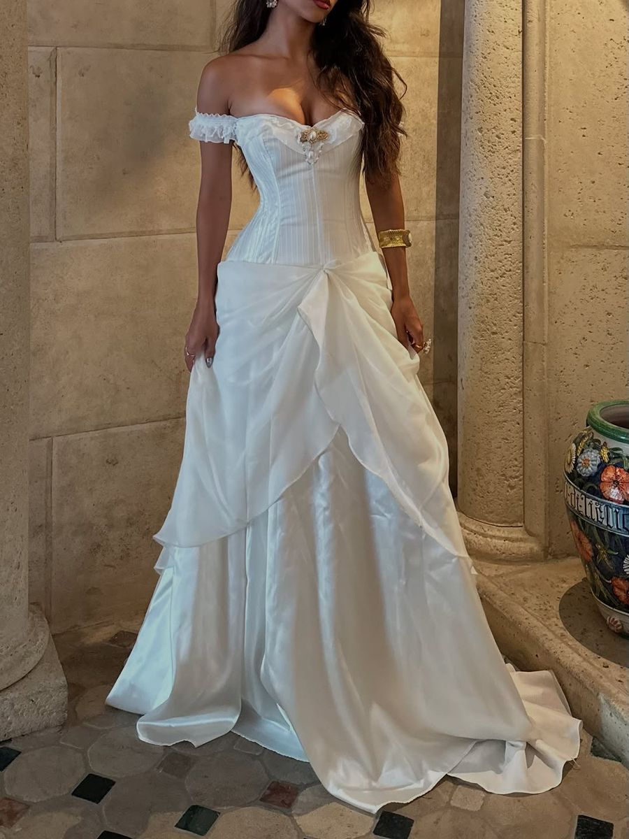 Princess A Line Off The Shoulder Satin Chiffon Long Prom Dress,Formal Dress