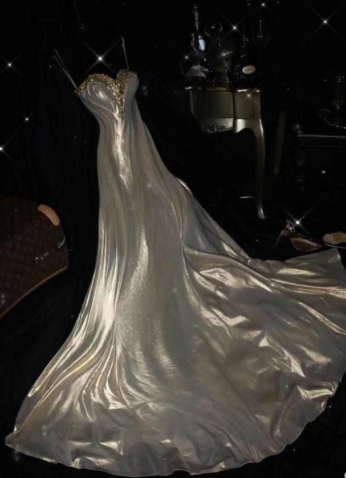 Classy A Line Spaghetti Straps Satin Beaded Long Prom Dress,Formal Evening Dress