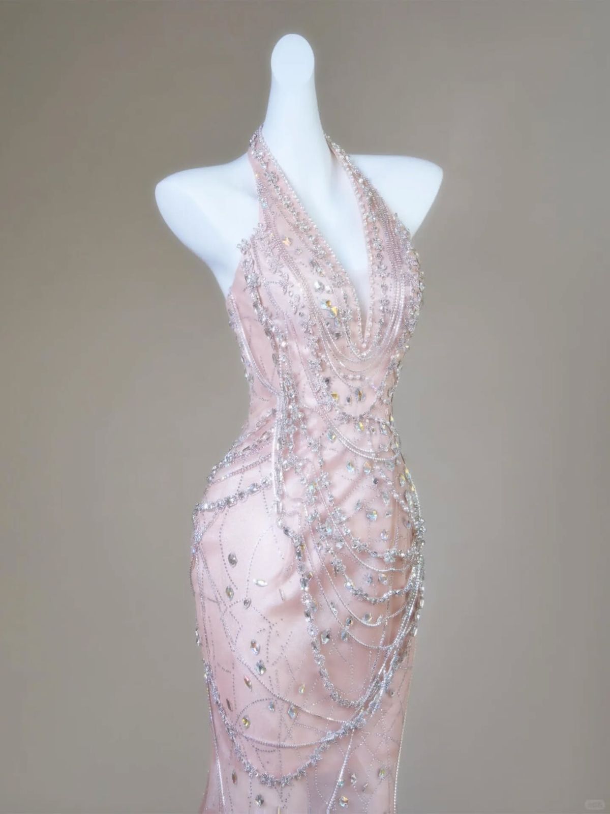 Gorgeous Mermaid Halter Light Pink Satin Beaded Long Prom Dress,Formal Evening Dress