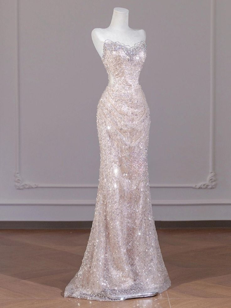 Shiny Mermaid Strapless Tulle Sequin Long Prom Dress,Formal Evening Dress