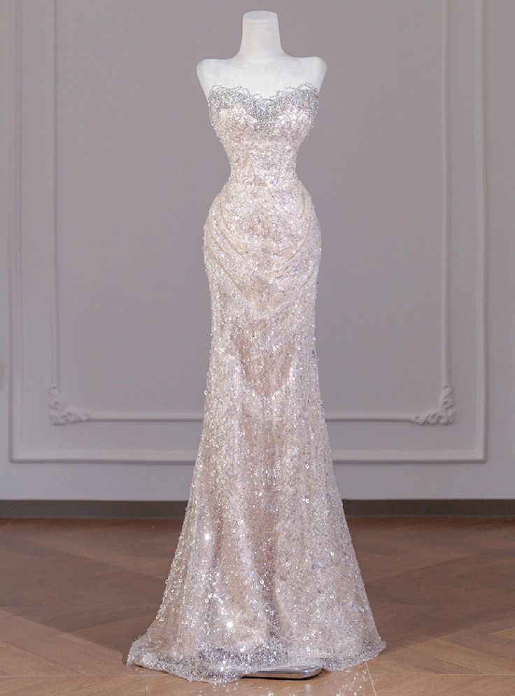 Shiny Mermaid Strapless Tulle Sequin Long Prom Dress,Formal Evening Dress