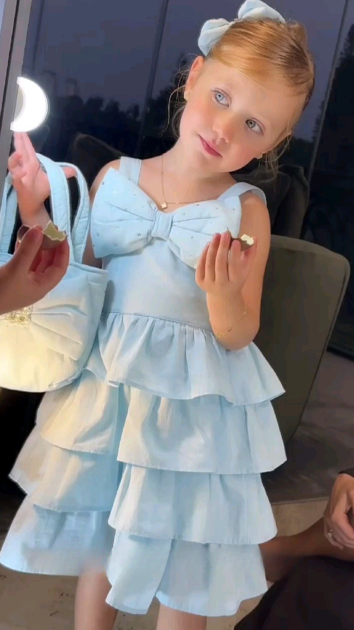 Cute A Line Pale Blue Tiered Satin With Bow Flower Girl Dress