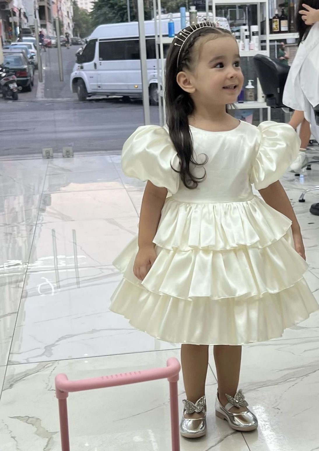 Pretty A Line Tiered Satin With Short Bubble Sleeves Flower Girl Dress