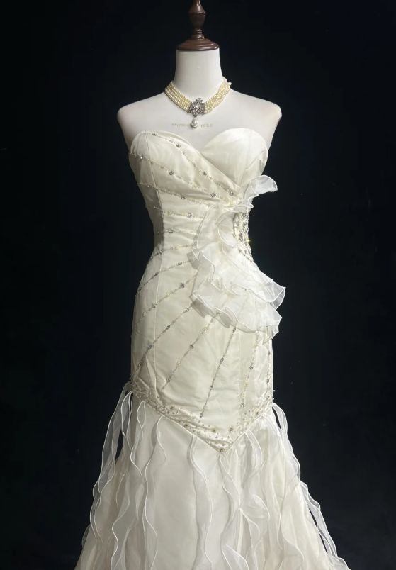 Sweetheart Mermaid Satin Chiffon Ruffle Beaded Long Prom Dress,Wedding Dress,Evening Dress