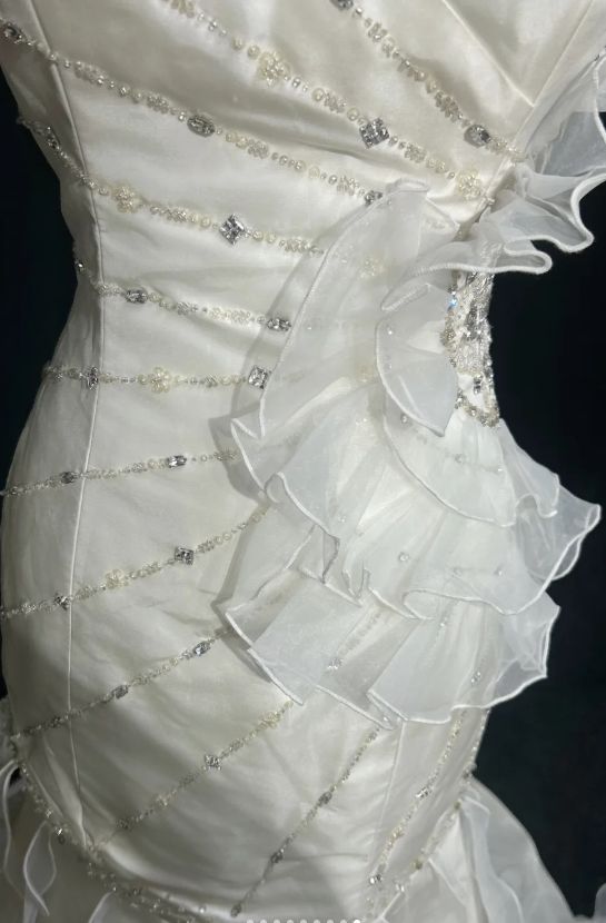 Sweetheart Mermaid Satin Chiffon Ruffle Beaded Long Prom Dress,Wedding Dress,Evening Dress