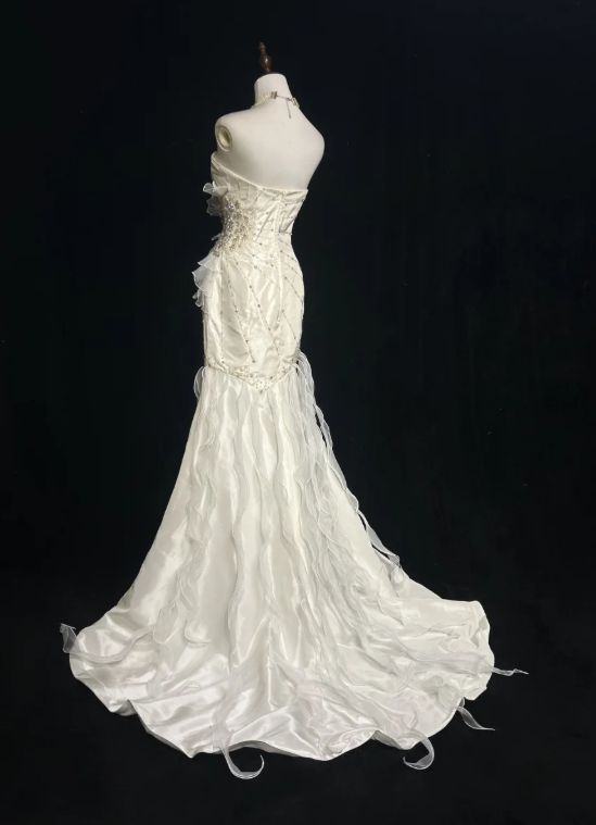 Sweetheart Mermaid Satin Chiffon Ruffle Beaded Long Prom Dress,Wedding Dress,Evening Dress