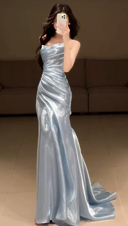 Classy Style A Line Strapless Pleated Satin Long Prom Dress, Bridesmaids Dress, Evening Dress