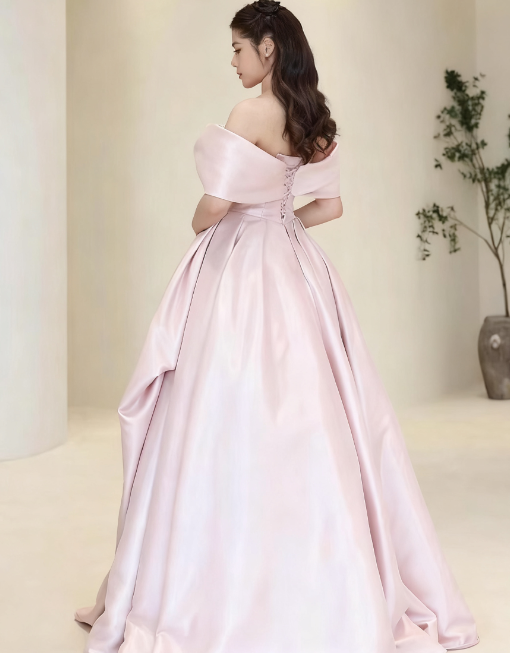 Beautiful A Line Off The Shoulder Pink Satin Tulle Sequin Long Prom Dress, Evening Dress