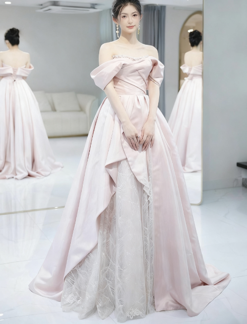 Beautiful A Line Off The Shoulder Pink Satin Tulle Sequin Long Prom Dress, Evening Dress
