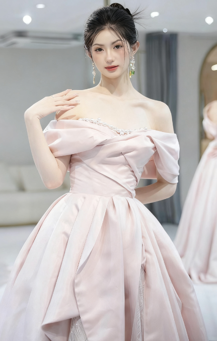Beautiful A Line Off The Shoulder Pink Satin Tulle Sequin Long Prom Dress, Evening Dress