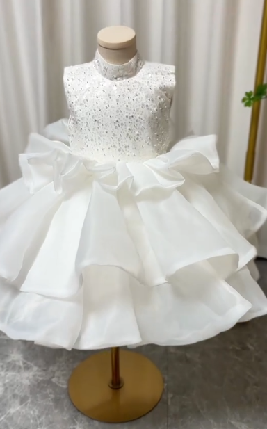Pretty Ball Gown High Neck Satin Sequin Flower Girl Dress