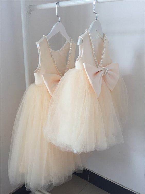Princess Ball Gown Pearl Neck Satin Tulle Back With Bow Knot Flower Girl Dress
