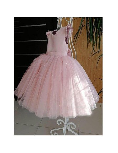 Pink Ball Gown Satin Tulle Ruffle Sleeves Back With Bow Knot Flower Girl Dress