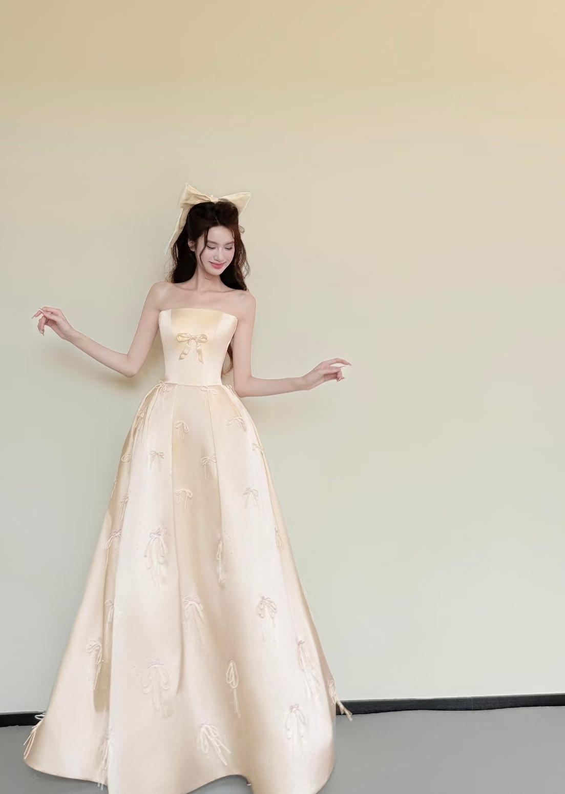 Pretty A Line Strapless Satin With Bow Knot Long Prom Dress, Evening Dress