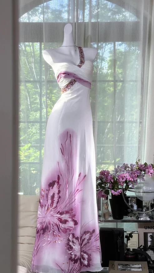 Chic A Line One Shoulder Chiffon Sequin Printed Butterfly Long Prom Dress, Evening Dress