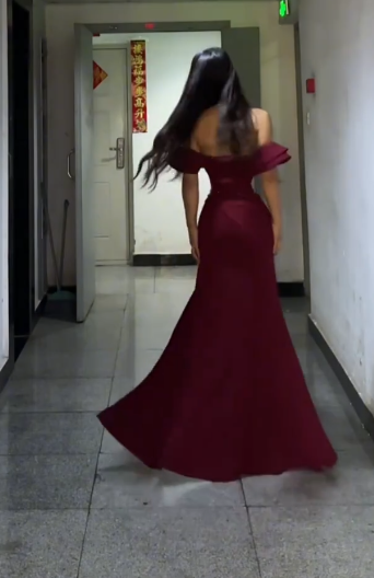 Formal Mermaid Off The Shoulder Burgundy Satin Slit Long Prom Dress, Evening Dress